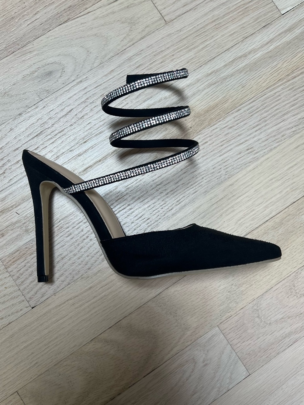 Black Pointed-Toe Stiletto with Crystal Wrap-Ankle Straps